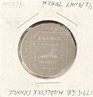 Obverse of 1794 Middlesex Map of France halfpenny token in holder