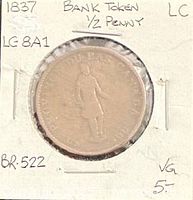 Obverse of 1837 Province du Bas Canada half penny token in cardboard flip