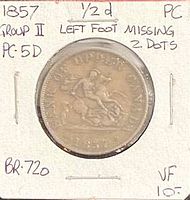 Obverse of 1857 half penny token in holder showing St George & Dragon design and handwritten variety notes