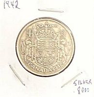 Reverse of 1942 Canadian 50-cent coin showing coat of arms and date
