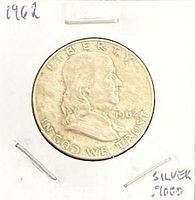 Obverse of 1962 Franklin half dollar in 2x2 holder showing Franklin portrait and date