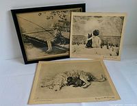 Group shot of all three Marguerite Kirmse etchings: framed "Him And Me", loose beach scene, loose "Soft Shoulders"