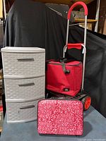 Group shot of drawer unit, hand cart, red cooler bag and pink paisley case