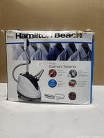 Retail box showing Hamilton Beach full-size garment steamer, model info and wattage