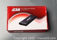 Retail box showing iCAN M.2 SSD enclosure image and branding