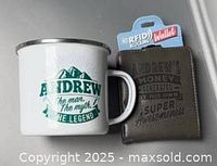 Mug showing Andrew graphic and wallet front embossing
