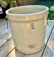 Front view of crock showing 6 Imperial mark and Medalta Potteries stamp