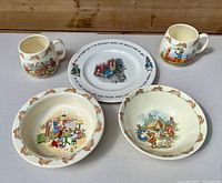 Five Bunnykins pieces arranged together