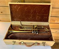 Open wood case showing Parrot trumpet and mouthpiece in brown plush interior