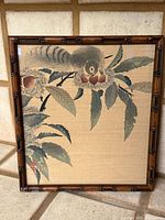 Full view of framed woodblock print showing squirrel on chestnut branch