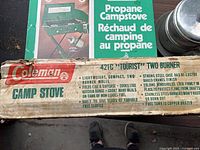 Close-up of Coleman 421C Tourist Camp Stove box text