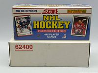 Front view of sealed Score NHL Hockey Premier Edition box on white outer box