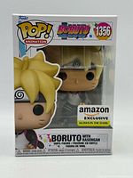 Front view of sealed Funko Pop! Boruto with Rasengan #1356 box showing Amazon Exclusive and glow-in-the-dark labels