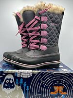 Side view of both boots on box showing overall design