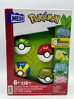 Front of sealed MEGA Pokémon Grass-Type Trainer Team box showing four Poké Balls and included Pokémon