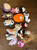 Group shot of all 12 plush toys on floor