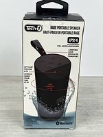 Front of box showing Tech1 Rage Bluetooth speaker, IPX4 rating, 360° sound