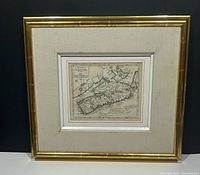 Front view of framed antique map showing full frame, matting and map image