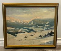 Full view of framed oil on canvas winter landscape painting
