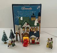 Full set with box: building, car, figurines, trees