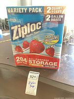 Front of sealed Ziploc variety pack showing total bag count and sizes
