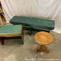 Full view of three items: long green bench, small vanity bench, pedestal plant stand