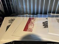 Stack of several matted prints in sleeves showing red panel female figure and floral design