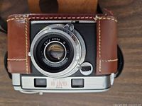 Front view of Kodak Signet 40 camera in leather case