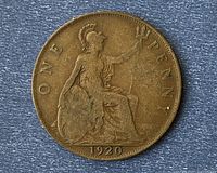 Reverse showing seated Britannia, ONE PENNY and 1920 date