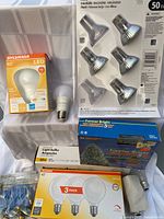 Group shot showing all packaged bulbs, loose bulb, string lights, and socket