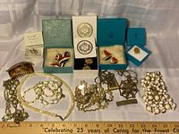 Overview of entire lot laid out: boxed earrings and pins, hair comb, necklaces, brooches