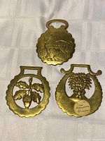 Group shot of three brass harness medallions showing all motifs