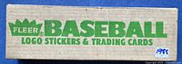 Cardboard box labeled "Fleer Baseball Logo Stickers & Trading Cards" with handwritten 1988 sticker on end