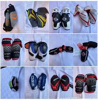 Collage of nine pairs showing Bauer, CCM, Nike, Vapor, red-black, blue-white pads