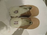 Top view of both slippers showing suede uppers and sheepskin lining