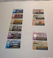 All eleven 2009 TTC Adult Metropass cards laid out showing fronts