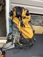 Front view of yellow and black Osprey Exposure 36 backpack showing main body, lid and compression straps