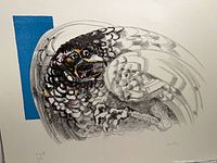 Full view of lithograph showing abstract bird and blue rectangle