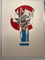 Full view of lithograph showing abstract figure, color palette and deckle edges
