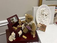 All three items together: teddy bear vanity scene, Dear God figurine, white angel harp plaque