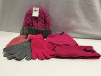All six knit winter accessories grouped