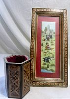 Framed hand-painted picture and hexagonal pen holder front view