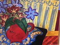 Close view of painting showing central red jug, flowers, signature