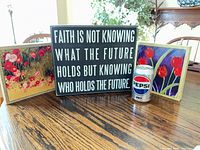 Overall lot with box sign, two floral panels, Pepsi can for scale