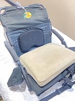 Bass Pro Shops folding chair with beige cushion attached and mesh lumbar pad visible
