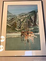 Full view of framed watercolour painting showing fishing boat scene