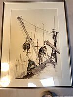 Full view of framed watercolour depicting fishermen on trawler, shows frame and mat