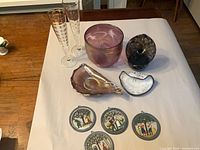 Full lot overview showing bowl, vase, flutes, dishes and plaques