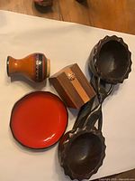 Group shot of all four items: double bowl, lacquer dish, vase, trinket box