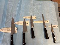 All five Zwilling knives laid out with blade sleeves